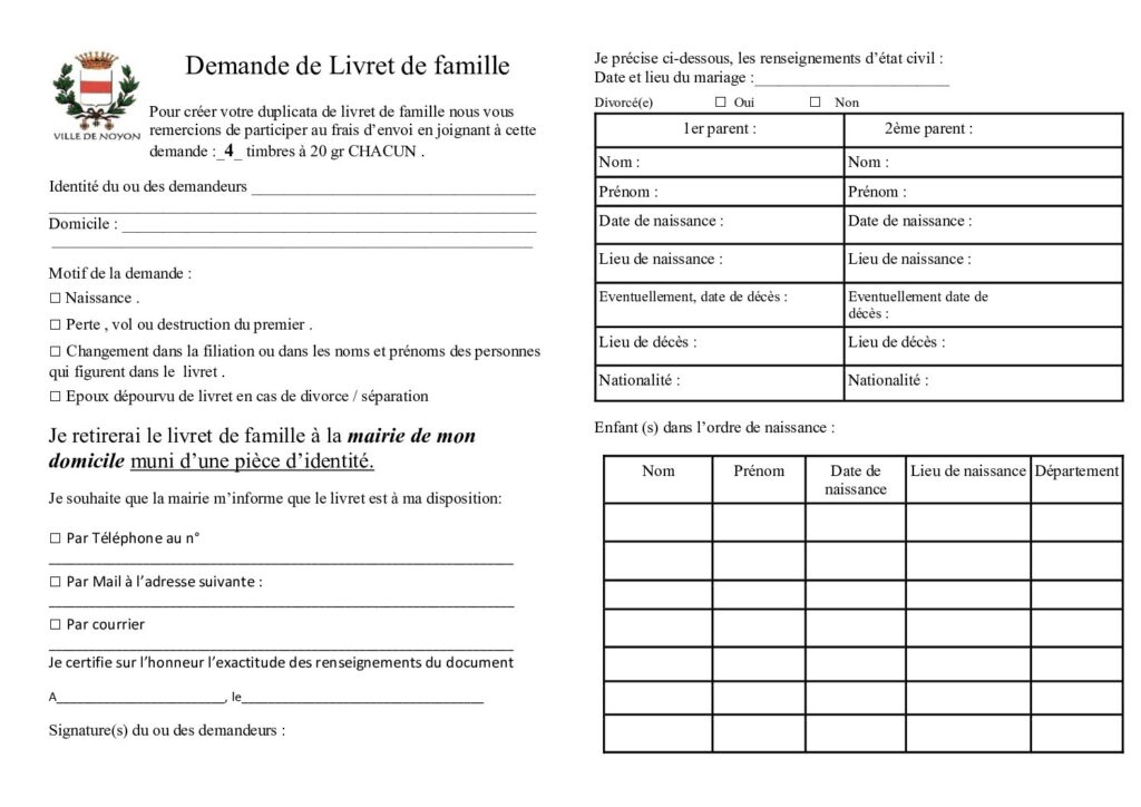 Le livret de famille – Ville de Noyon
